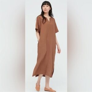 Uniqlo Linen Blend Short Sleeved Kaftan Cocoa Brown Dress Small Excellent